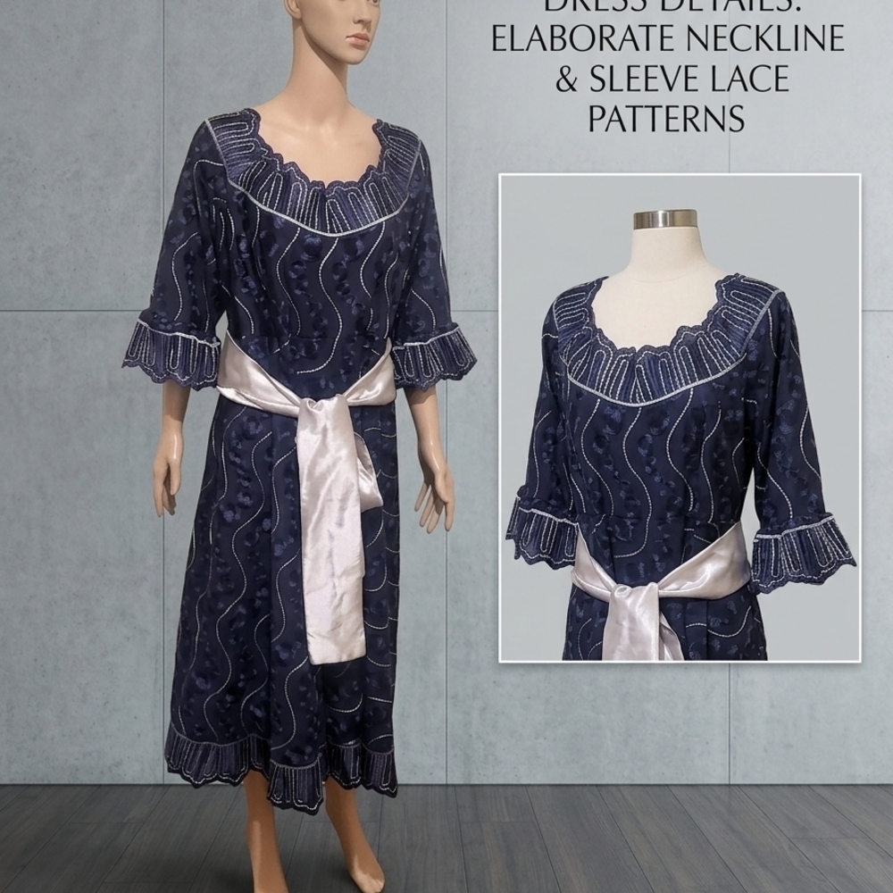 Navy Scalloped Lace-Trim Midi Dress with Satin Waist Sash . Pre-own Size 18W-20W